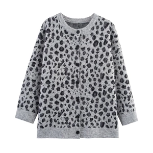 Women Leopard Print Knit Cardigan Sweater Round Neck Button Down Loose Fit Polyester Blend Long Sleeve Ribbed Outerwear