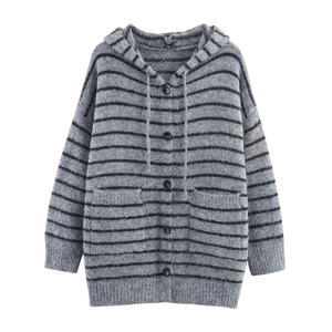 Women striped hooded knit cardigan in grey and black with buttons and pockets