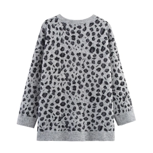 Women's leopard jacquard knit cardigan sweater with round neck and grey animal pattern