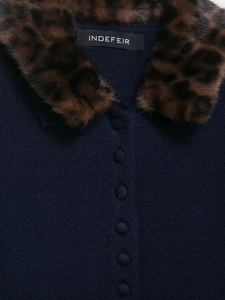 Detail of navy knit cardigan featuring fluffy leopard faux fur collar and covered buttons