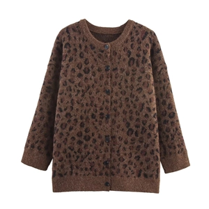 Women's crew neck leopard print knit cardigan with front buttons in a loose casual fit