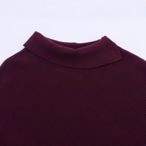 Deep purple ribbed knit sweater with a turtleneck design and soft core-spun yarn texture