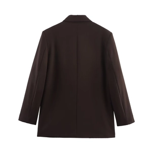 Back view of an oversized dark brown blazer featuring a clean center seam and tailored silhouette
