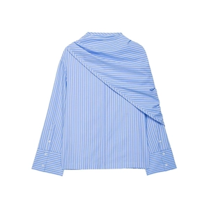 Minimalist blue striped long sleeve shirt with asymmetric draped back and wide cuffs