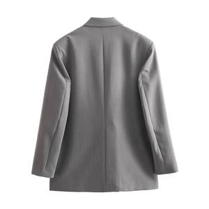 Rear view of a grey double-breasted oversized blazer with straight back seam detail