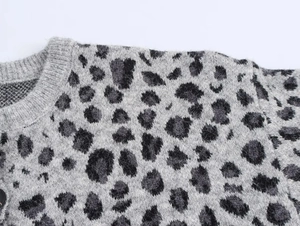 Close-up of leopard jacquard knit texture and ribbed collar on a grey cardigan