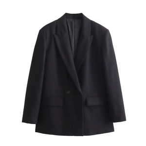 Close-up of the notched lapel, black button, and flap pocket on a structured blazer