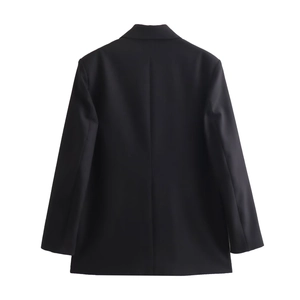Back view of a classic black oversized blazer featuring straight cut and clean seams