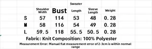 Detailed size chart for striped knit polo sweater with measurements for S, M, and L sizes