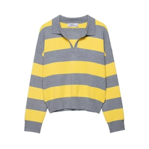 Women Striped Polo Neck Knit Sweater Yellow Gray Color Block Long Sleeve Casual Loose Pullover Knitwear Jumper