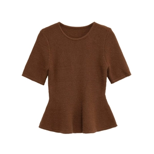 Women's dark brown short sleeve knit top with crew neck and peplum hem decoration