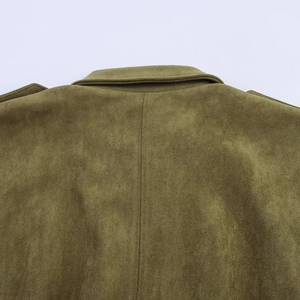 Close-up of olive green faux suede bomber jacket showing collar and back stitching