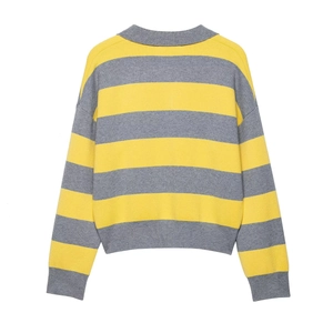 Women's yellow and grey striped long sleeve polo collar knit sweater back view