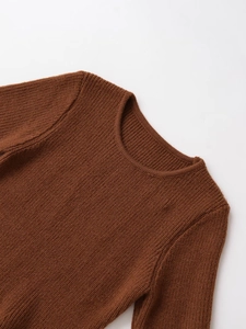 Detail of the crew neckline and ribbed knit texture on this dark brown sweater