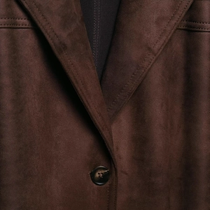 Deep brown faux suede jacket for women with lapel collar and tortoiseshell button detail