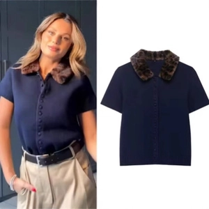 Women's Short Sleeve Knitted Cardigan With Leopard Print Faux Fur Collar Navy Blue V Neck Single Breasted Sweater Top