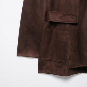Women's dark brown faux suede jacket with large flap pockets and belt detail