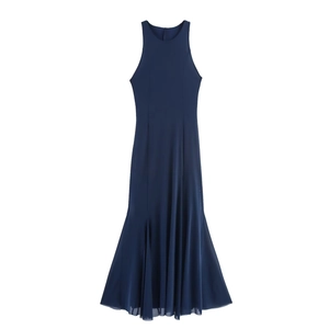 Elegant navy blue sleeveless halter neck maxi dress with mermaid hem and flowing silhouette
