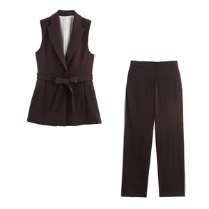 Gilet Blazer Sans Manches Et Pantalon À Rayures Latérales Pour Femmes Bureau Polyester Marron Foncé Costumes