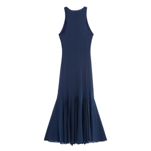 Sleeveless dark blue maxi dress with elegant pleated fishtail hem and slim fit silhouette