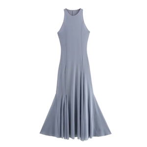 Elegant grey-blue sleeveless halter maxi dress with flowing pleated mermaid skirt hemline
