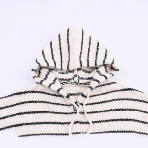 Striped knit hooded cardigan with contrast buttons and drawstrings in cream and black