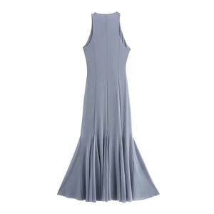 Back view of a sleeveless blue-gray fishtail maxi dress in breathable mesh fabric