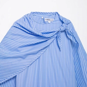 Women blue and white striped shirt featuring asymmetric layered design and shoulder tie
