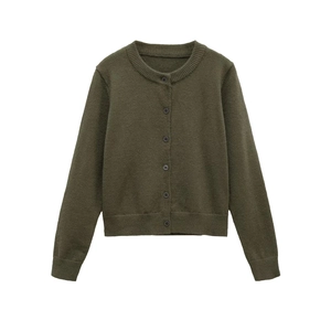 Classic olive green crew neck wool blend knit cardigan with button-down front closure