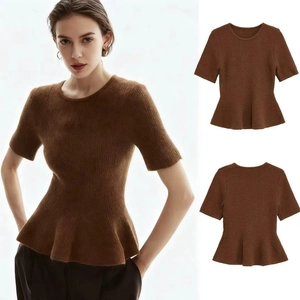 Women's Peplum Hem Ribbed Knit Short Sleeve Top Crew Neck Slim Fit Polyester Caramel Solid Color Casual Fashion Knitwear