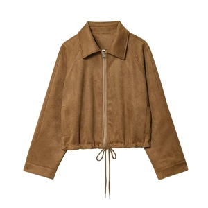 Women Vintage Faux Suede Jacket Short Loose Drawstring Hem Zip Up Lapel Camel Coat Casual Long Sleeve Outerwear Top