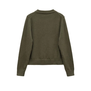 Detailed back view of dark green wool blend cardigan with ribbed round neck and cuffs