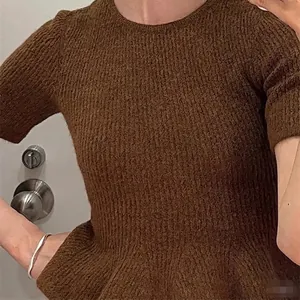 Women's slim fit dark brown short sleeve ribbed knit top with a flared hem design