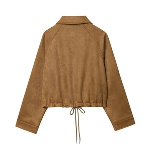 Back view of a cropped brown suede jacket with drawstring hem and raglan sleeves