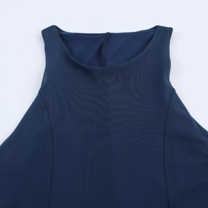 Navy blue sleeveless round neck mesh maxi dress with sheer overlay and smooth inner lining
