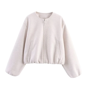 Minimalist soft oatmeal bomber jacket with round neck and zipper closure in a flat lay view
