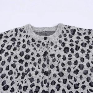 Grey leopard print knit cardigan with round neck and black buttons on white background