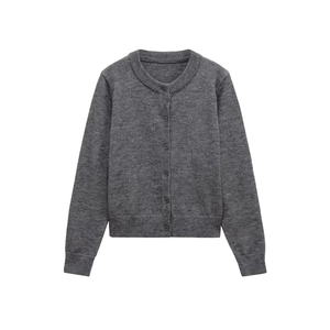 Classic dark grey wool-blend knit cardigan for women with crew neck and ribbed trim