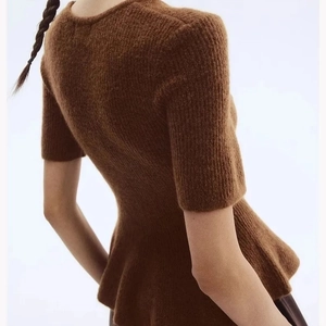 Brown short sleeve peplum knit top in soft mohair blend with ruffled waist detail