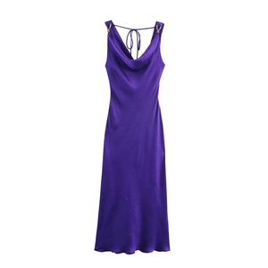 Abito Maxi da Donna Elegante in Raso Viola Scollo a Cappuccio Senza Maniche Vita Alta Vestito Plissettato Con Fibbia in Metallo