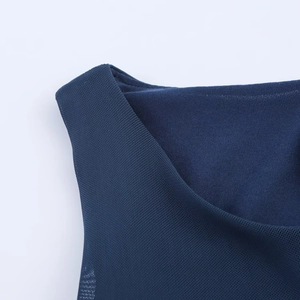 Detail of navy blue mesh fabric neckline showing premium texture and breathable mesh weave