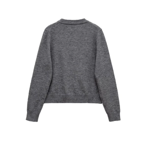 Detailed back view of dark grey wool blend knit cardigan with ribbed cuffs and hem