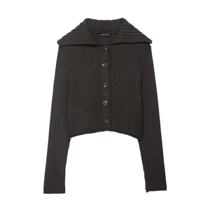 Cardigan en Tricot à Côtes pour Femmes Gris Foncé Grand Revers Col Marin Manches Longues Boutonné Court