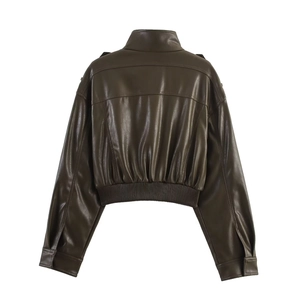 Deep brown faux leather cropped jacket with ribbed hem and collar back view