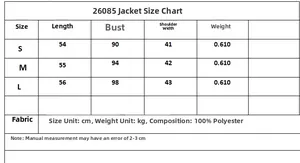 Detailed size chart for long sleeve jacket including bust and length in centimeters