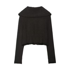 Gilet en maille côtelée pour femmes avec grand col à revers et coupe courte marron foncé