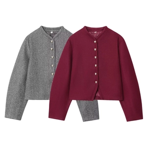 Minimalist women's round neck wool coat with silver metal buttons in grey and burgundy