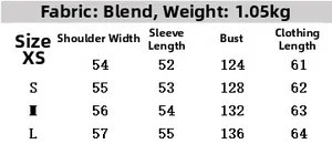 Size chart for faux leather bomber jacket showing shoulder, sleeve, chest and length measurements