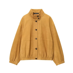 Chic mustard faux leather aviator jacket with stand collar and large front pockets