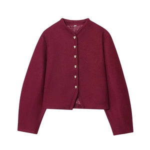 Minimalist burgundy women jacket with round neck and decorative silver metal buttons
